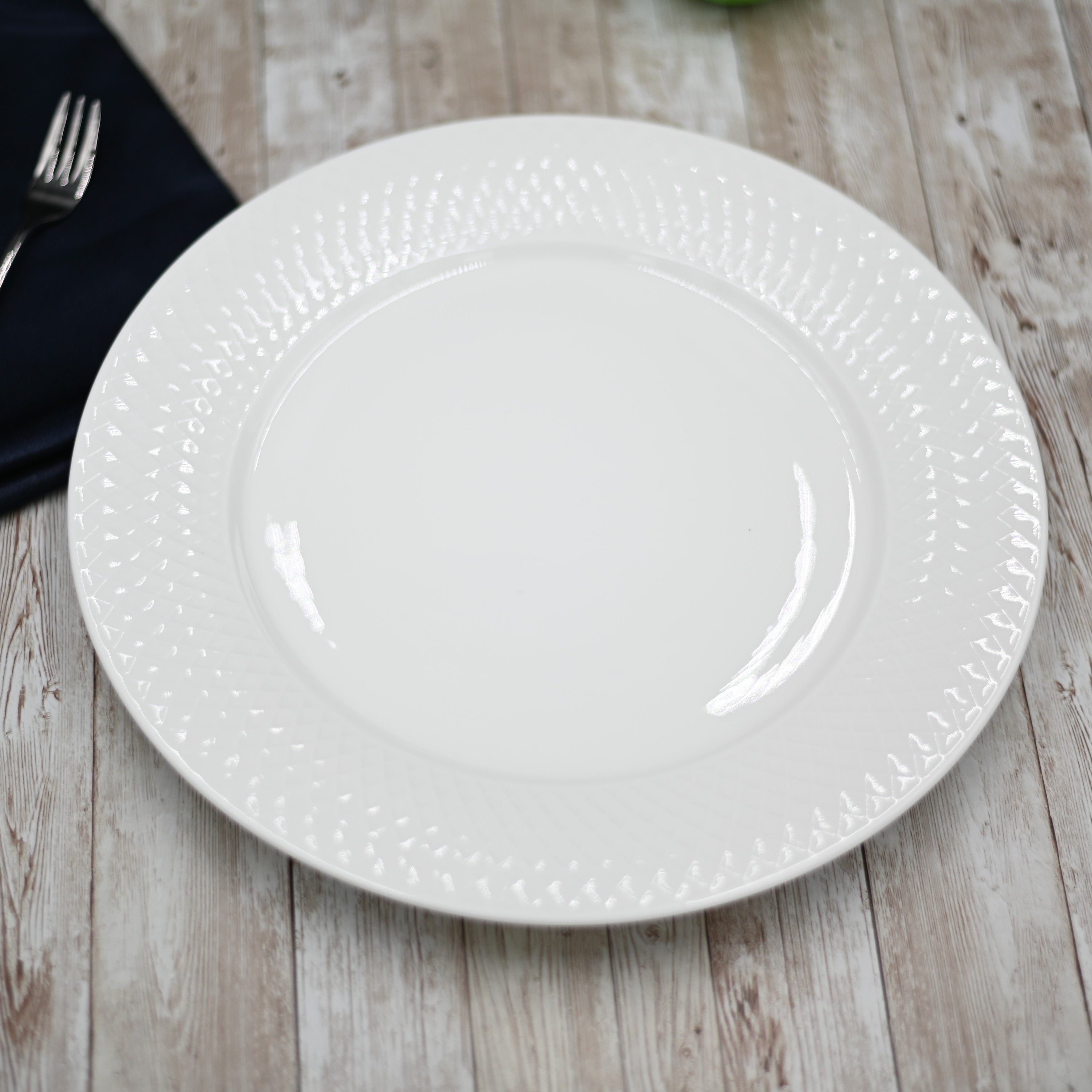 Fine Porcelain White Dinner Plate With Embossed Wide Rim 10"