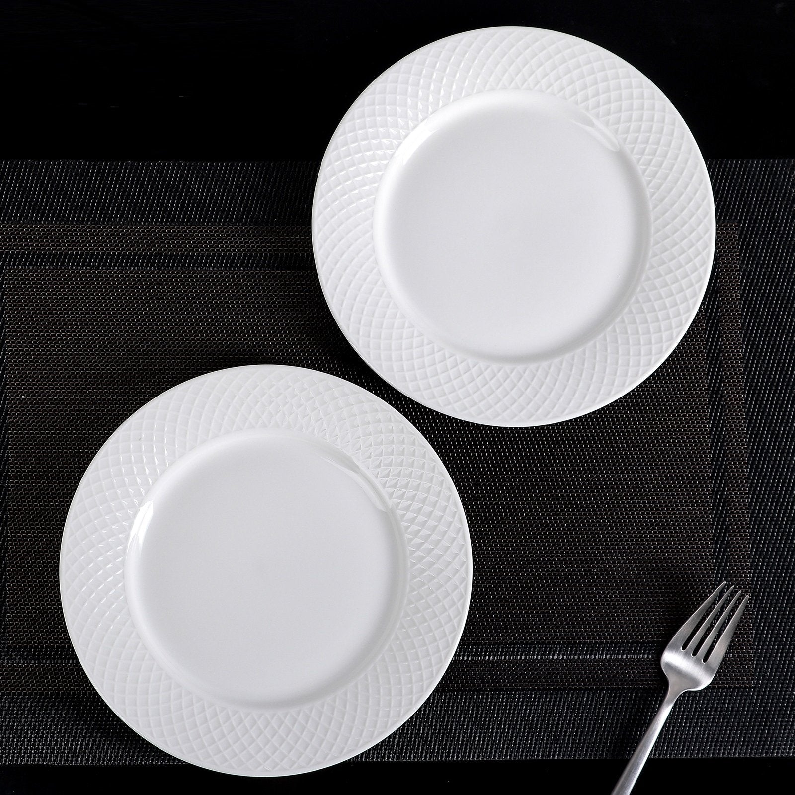 Fine Porcelain White Dessert Plate With Embossed Wide Rim 8"