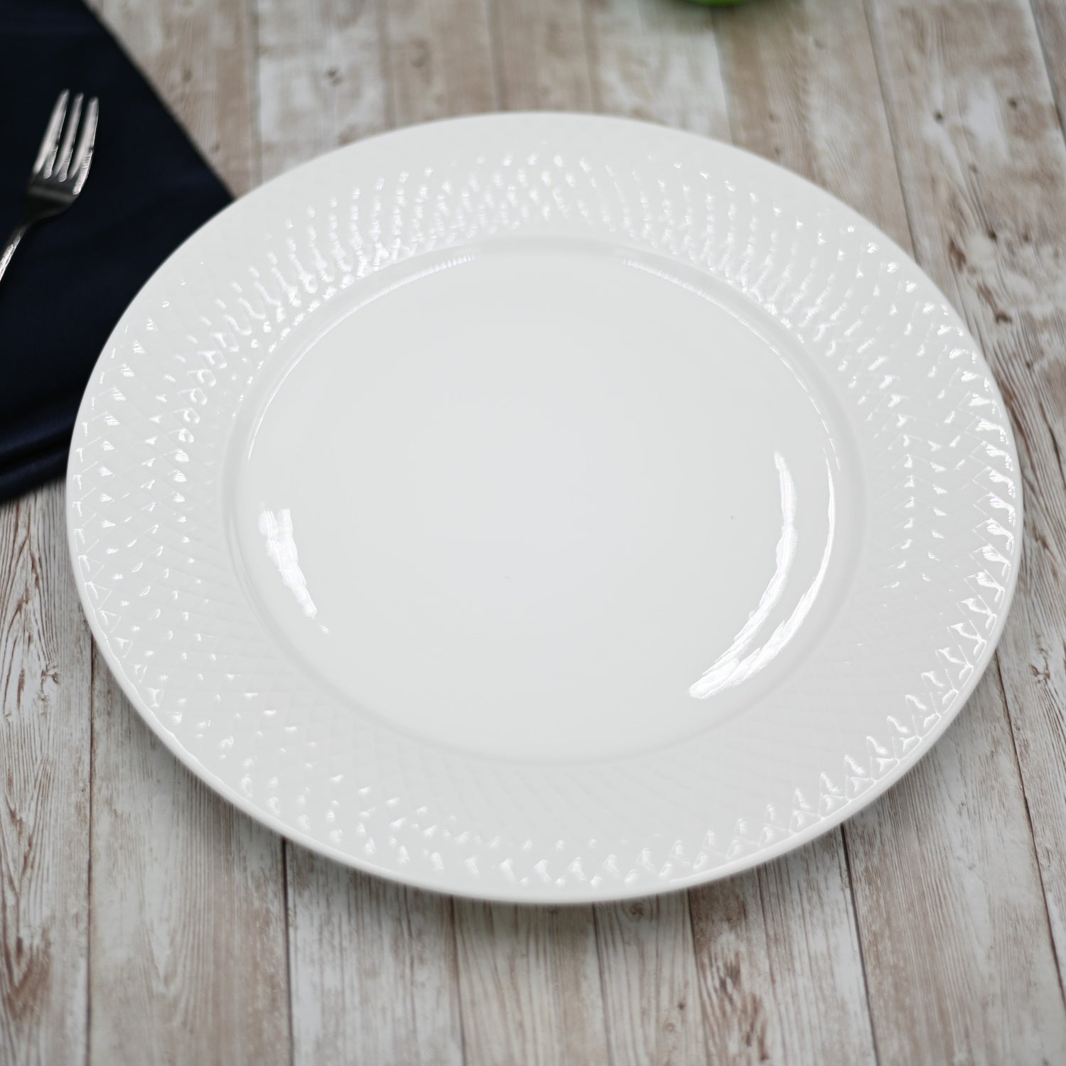Fine Porcelain White Dinner Plate With Embossed Wide Rim 10"