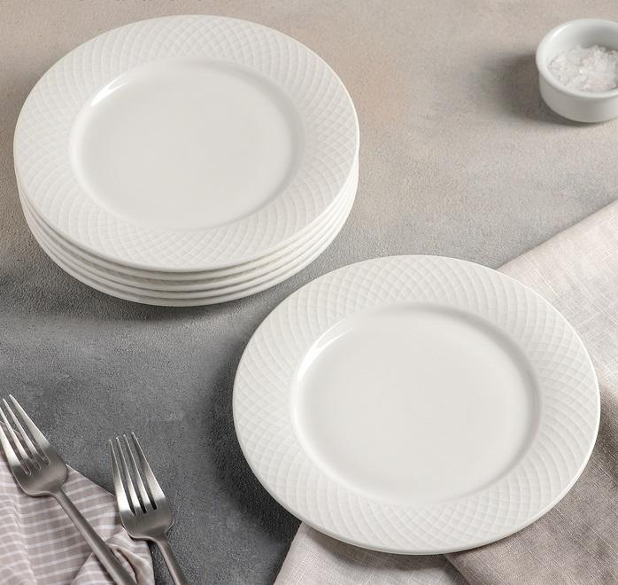 Fine Porcelain White Dessert Plate With Embossed Wide Rim 8"