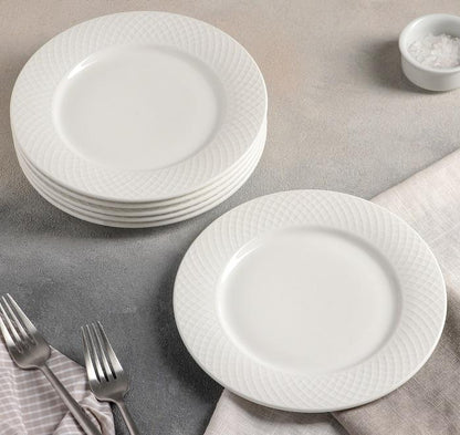 Fine Porcelain White Dessert Plate With Embossed Wide Rim 8"