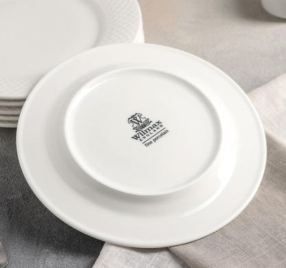 Fine Porcelain White Dessert Plate With Embossed Wide Rim 8"