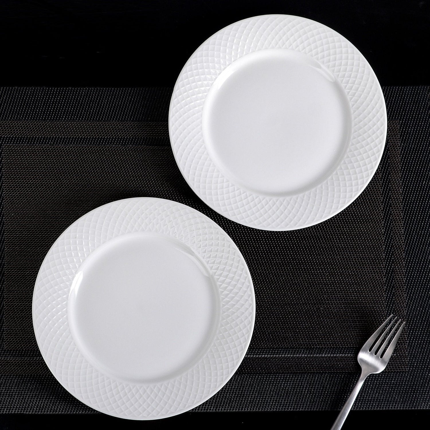 Fine Porcelain White Dessert Plate With Embossed Wide Rim 8"
