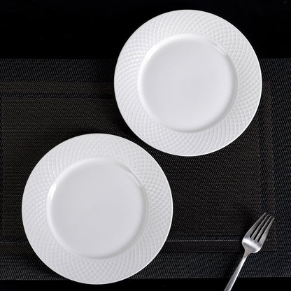Fine Porcelain White Dessert Plate With Embossed Wide Rim 8"
